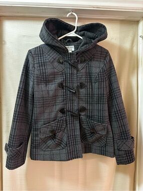 Charles Klein Womens Wool Blend Plaid Hooded Toggle Duffle Coat Jacket Petite